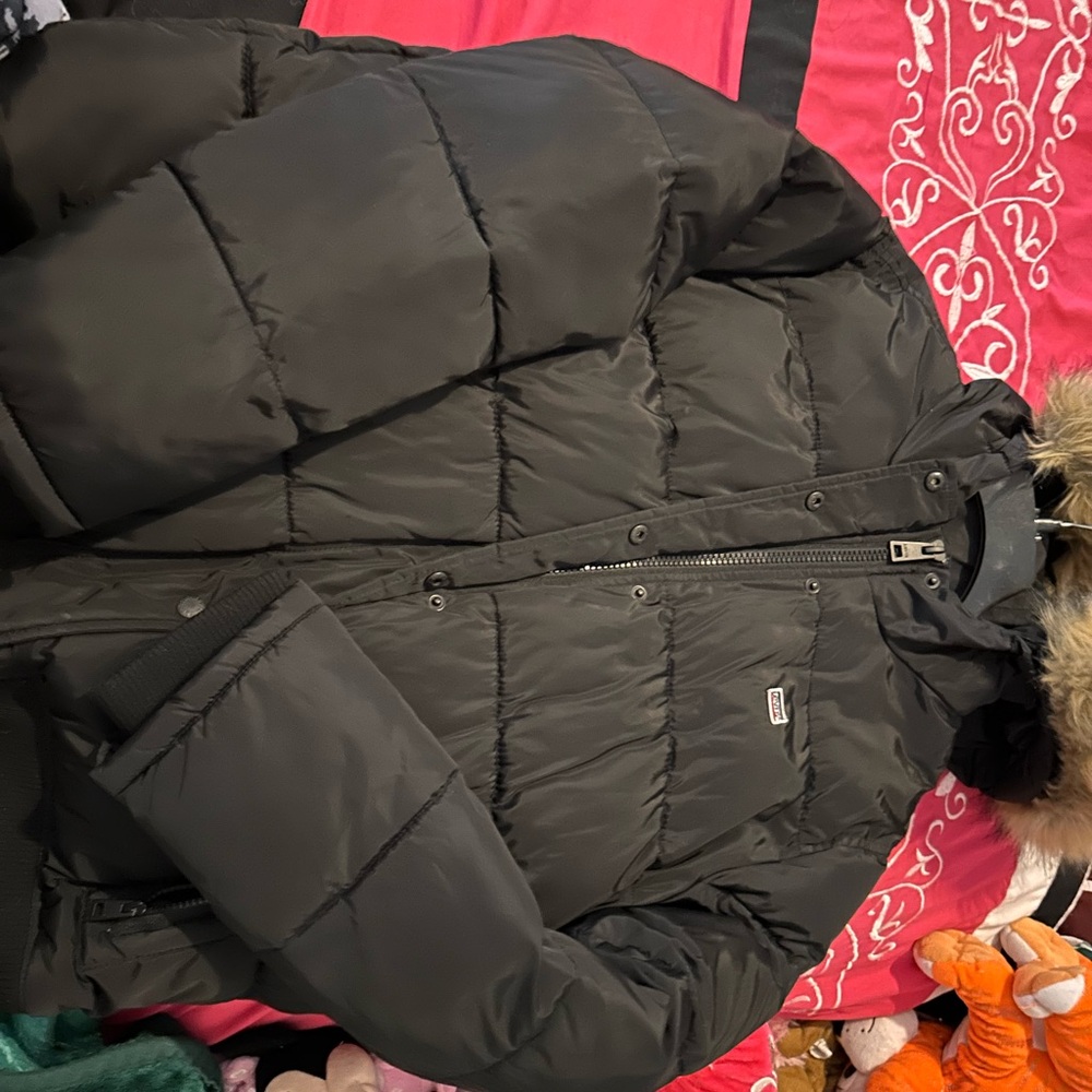 Black Puffer Jacket with Fur Trim